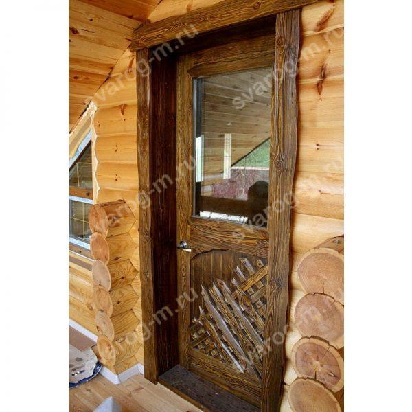 Двери под старину из массива дерева для дома, дачи, бани, со стеклом- Сварог Мебель № 004
