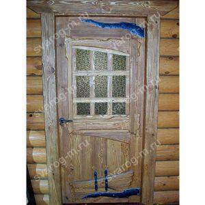 Двери под старину из массива дерева для дома, дачи, бани, со стеклом- Сварог Мебель № 006