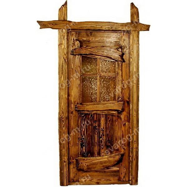 Двери под старину из массива дерева для дома, дачи, бани, со стеклом- Сварог Мебель № 009